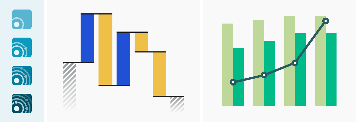 Image showing a stylized waterfall chart and dual-axis chart, as well as pricing plan icons