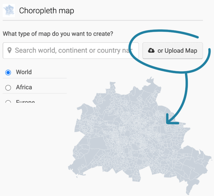 Screenshot of the Datawrapper map upload button and a map of Berlin
