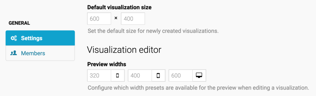 Section of team settings showing options for editing preview widths and default dimensions