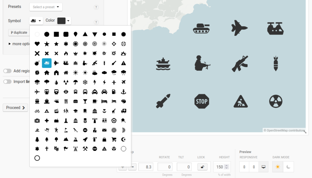 Datawrapper locator map interface with new symbol icons