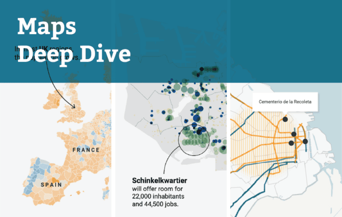 Three images of maps: One choropleth map of Europe with an annotation and two labels, a symbol map of Amsterdam with an annotation, and a locator map of Buenos aires with bus lines and an imported area marker