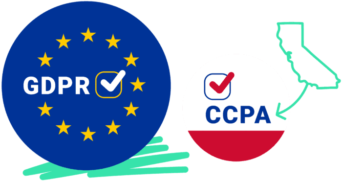A GDPR logo with the EU-stars around it, and a CCPA Logo with the outline of California next to it
